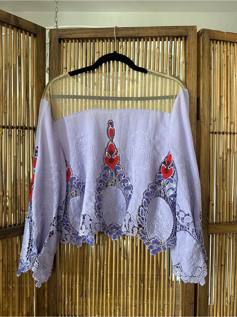 Johanna Ortiz Lilac Lace Cropped Tunic with Red & Purple Embroidery